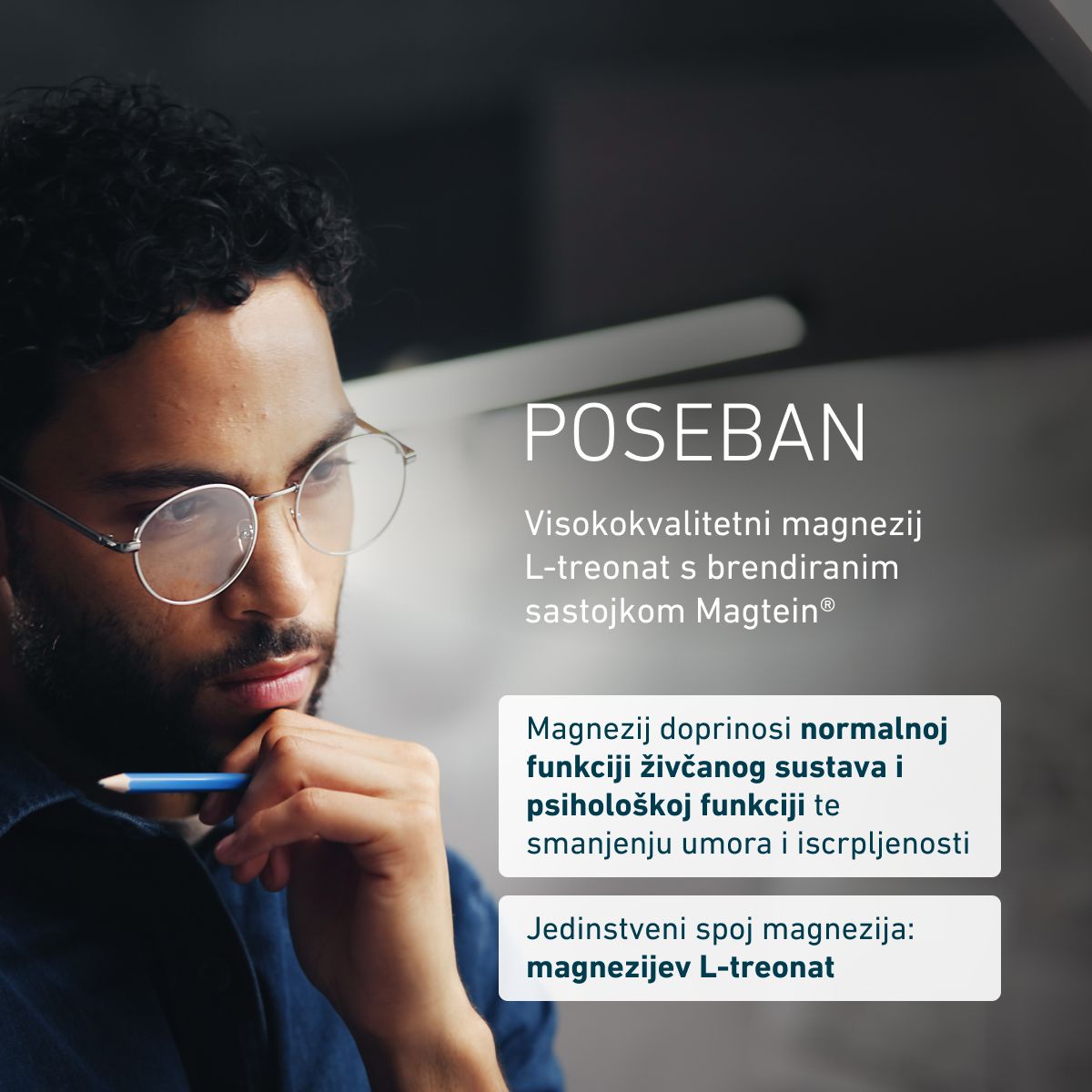 BIOGENA Magtein® magnezijev L-treonat u bijeloj ambalaži. Neuro-magnezij utemeljen na znanosti za podršku mentalnoj ravnoteži i smanjenju umora.