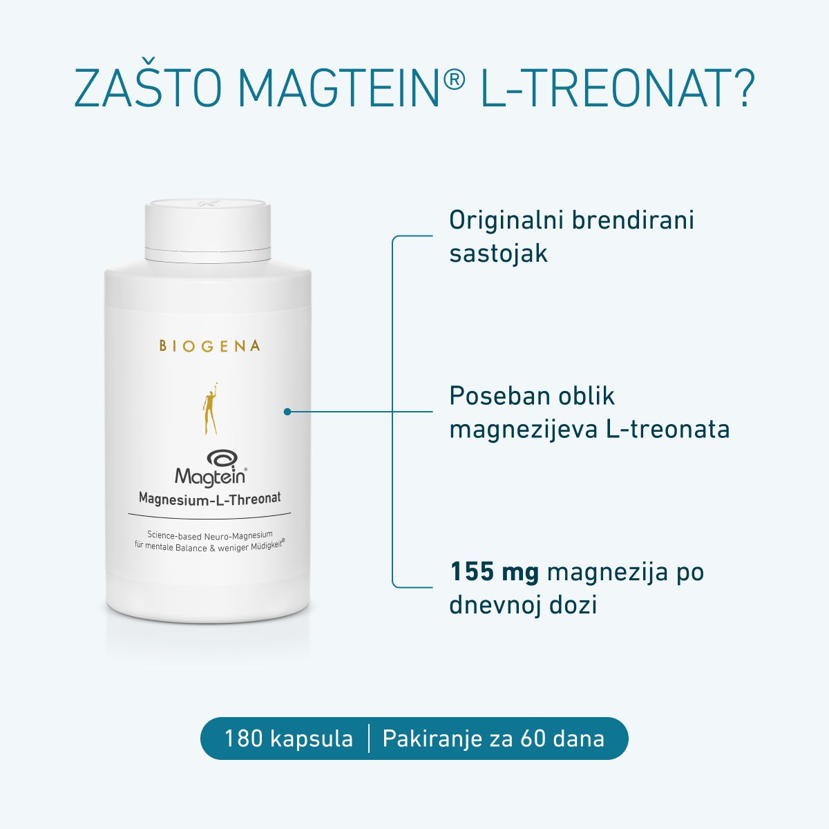 BIOGENA Magtein® magnezijev L-treonat u bijeloj ambalaži. Neuro-magnezij utemeljen na znanosti za podršku mentalnoj ravnoteži i smanjenju umora.
