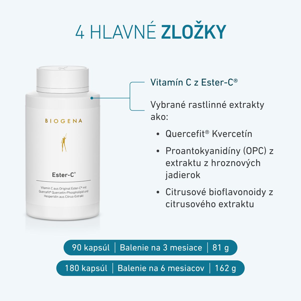 Biogena, Ester-C®, Fľaša, biela, Vitamín C z originálneho Ester-C® s Quercefit® kvercetín-fosfolipidom a hesperidínom z citrusového extraktu