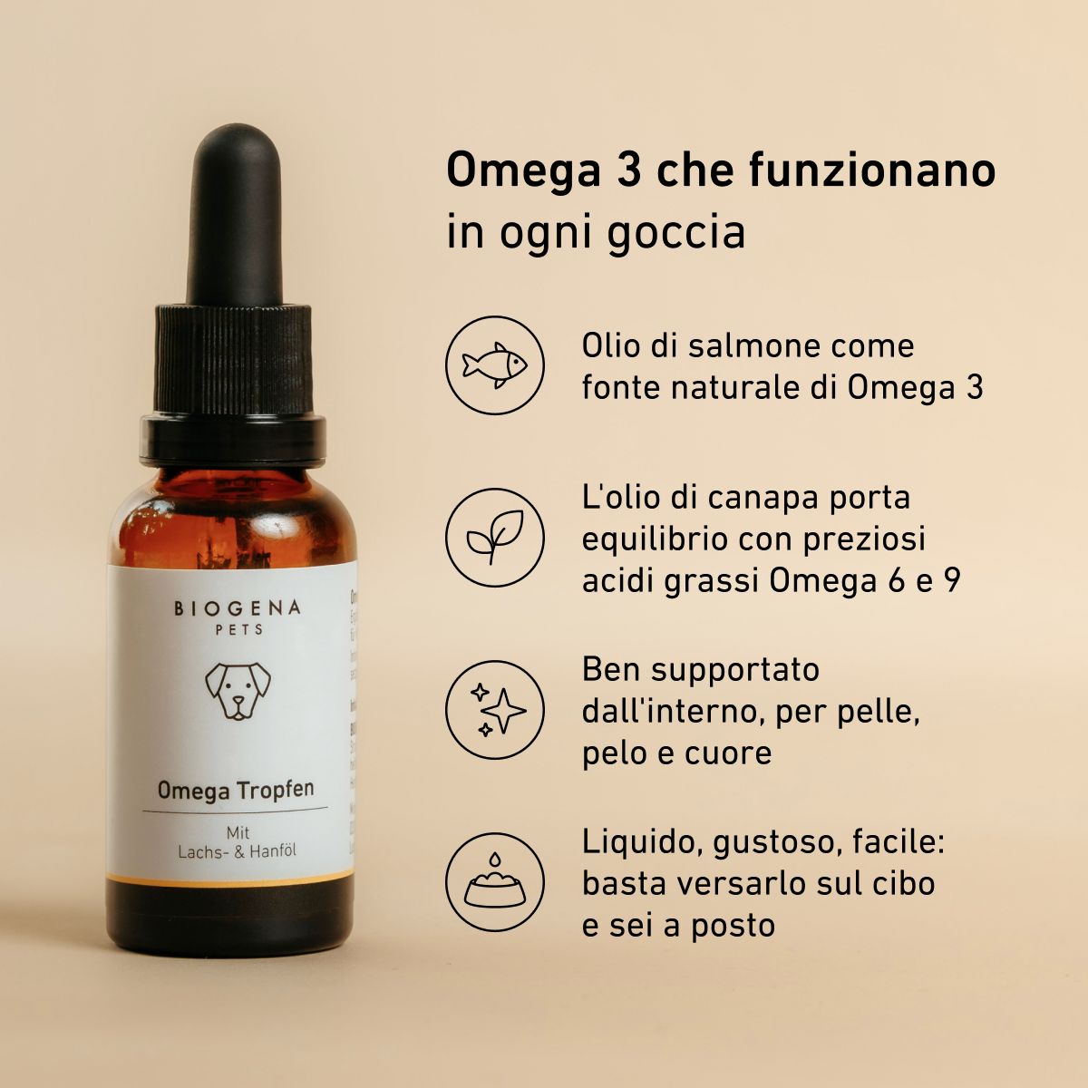 Biogena, Omega Tropfen, Bottiglia, bianco, Con olio di salmone e di canapa