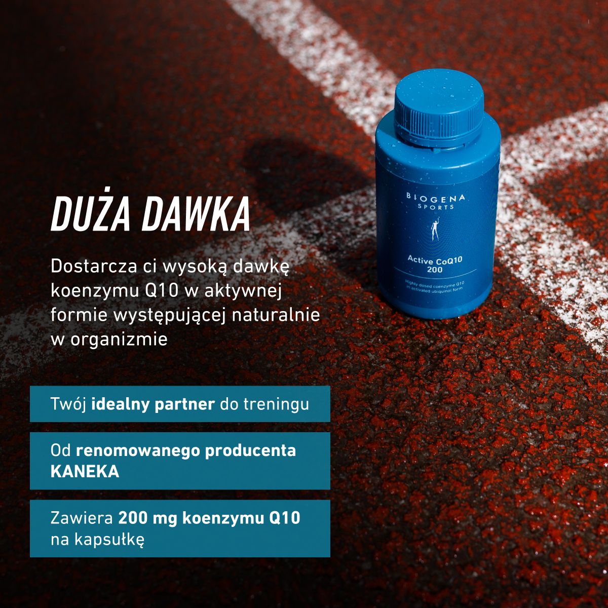 Biogena Sports, Active CoQ10 200, Butelka, petrol, Wysoko dawkowany koenzym Q10 w aktywowanej formie ubichinolu