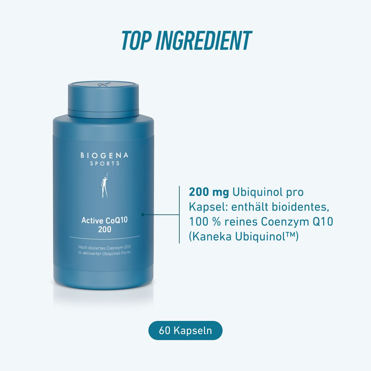 Biogena Sports, Active CoQ10 200, Flasche, petrol, Hoch dosiertes Coenzym Q10 in aktivierter Ubiquinol-Form