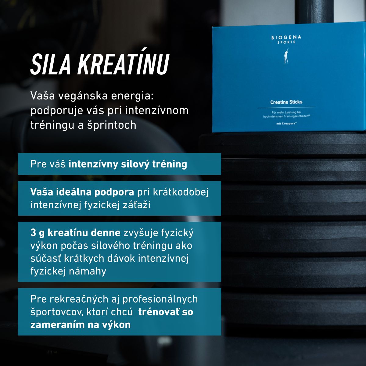 Biogena Sports, Creatine Sticks, Kartón, petrol, Pre vyšší výkon pri vysokointenzívnych tréningových jednotkách; s Creapure®