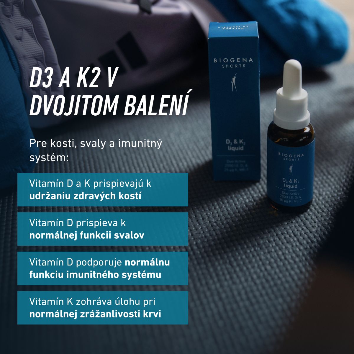 Biogena Sports, D3 & K2 liquid, Fľaša, petrol, Duo-Active 2000 IU D3 & 25 µg K2 MK-7