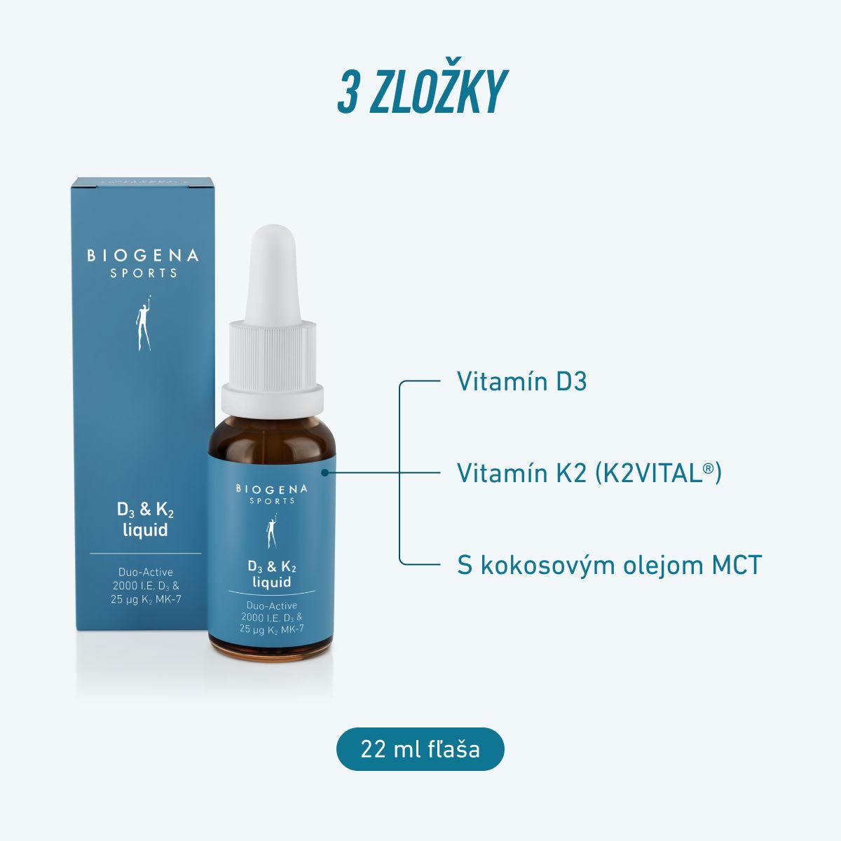 Biogena Sports, D3 & K2 liquid, Fľaša, petrol, Duo-Active 2000 IU D3 & 25 µg K2 MK-7