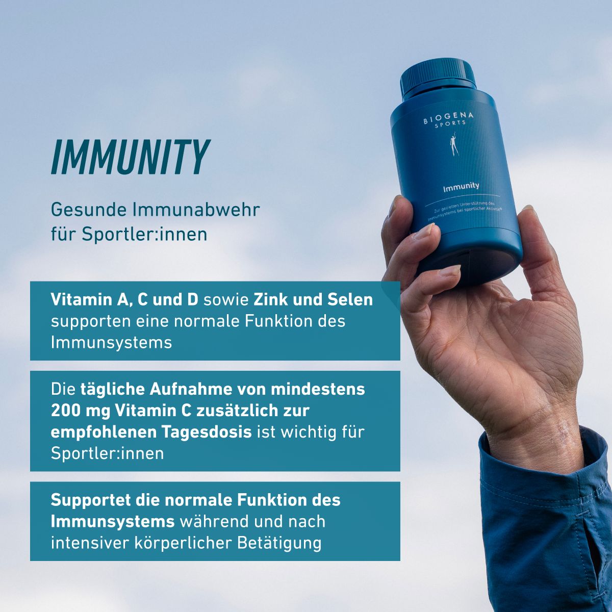 Biogena Sports, Immunity, Flasche, petrol, Zur gezielten Unterstützung des Immunsystems bei sportlicher Aktivität®