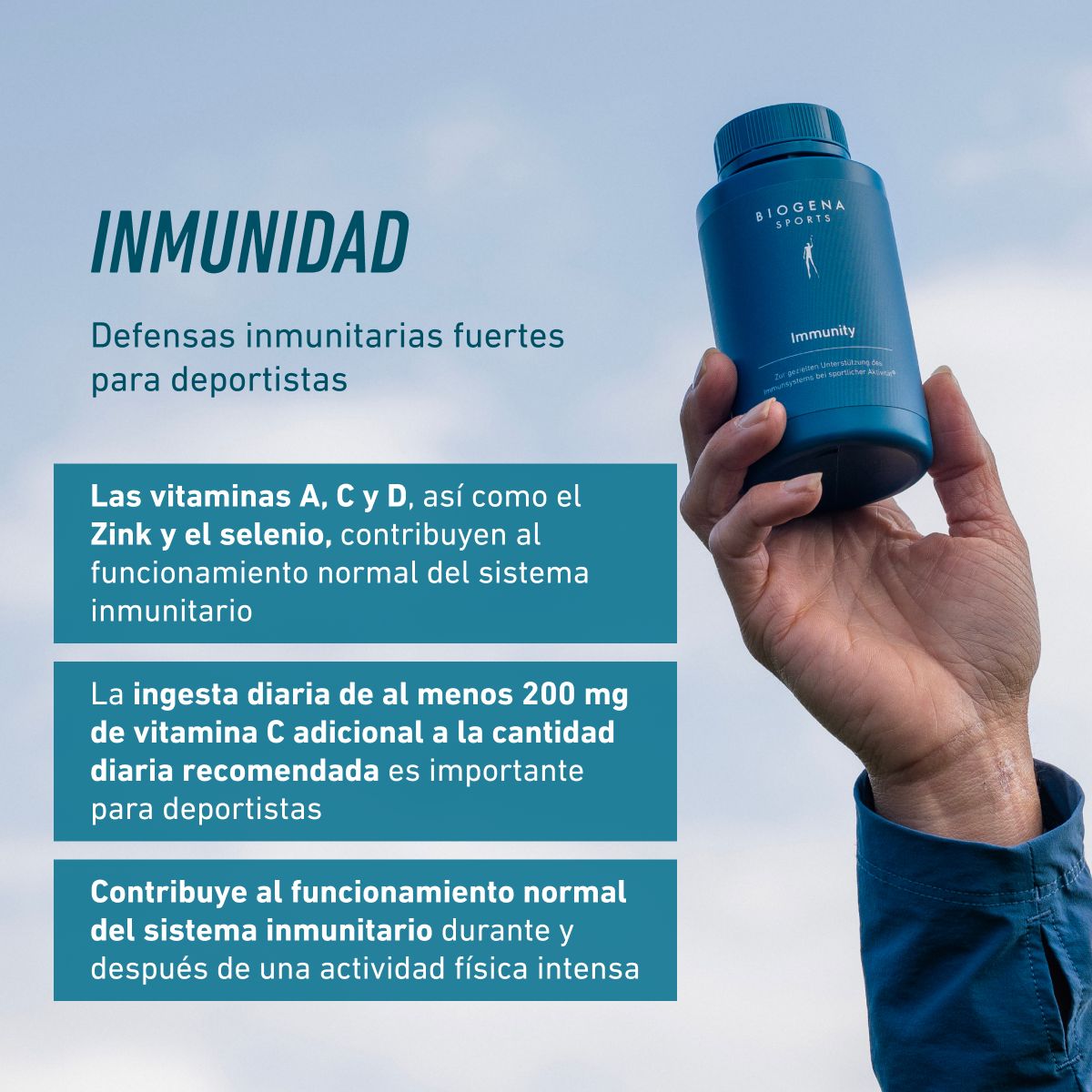 Biogena Sports, Immunity, Botella, petrol, Para el apoyo específico del sistema inmunitario durante la actividad deportiva®