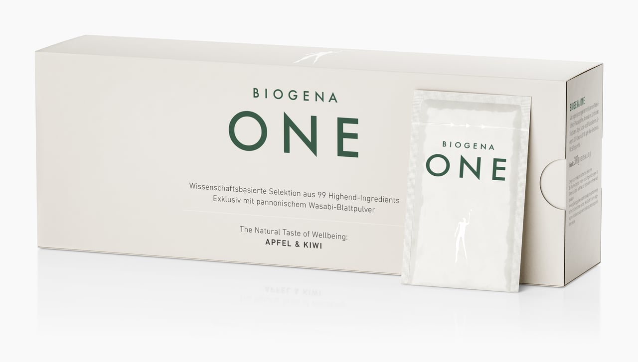 Biogena One, ONE, Carton, white, Science-based selection of 99 high-end ingredients Exclusive with Pannonian wasabi leaf powder