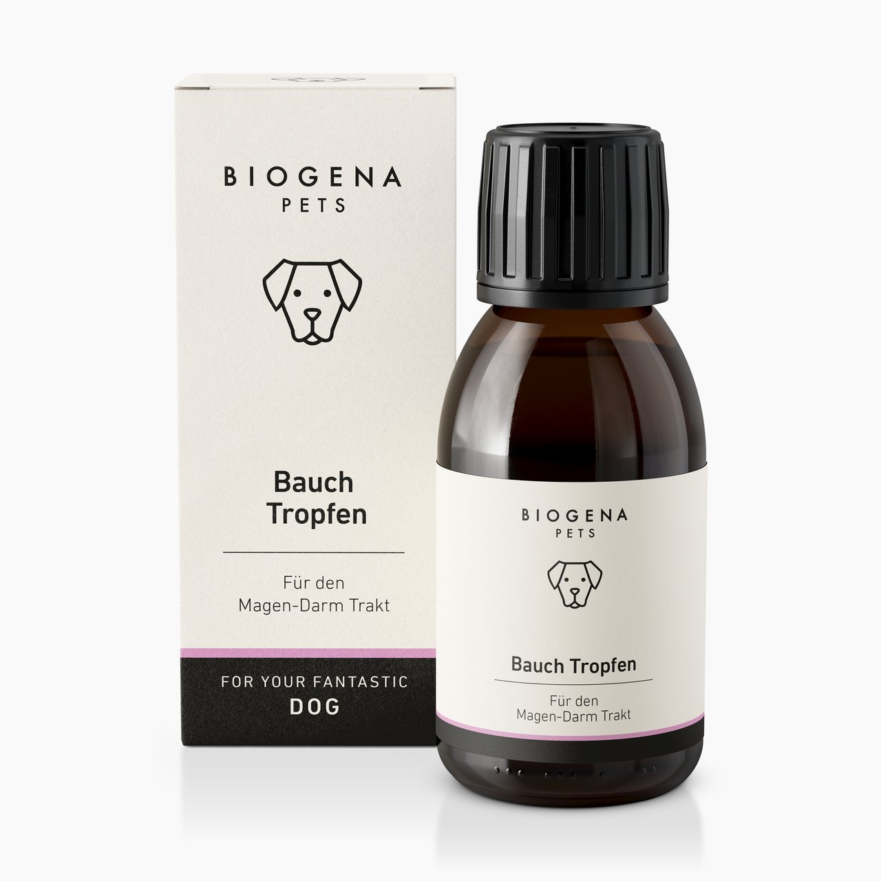 BIOGENA PETS Bauch Tropfen, Faltschachtel und Flasche, Hundesymbol, schwarzer Hintergrund