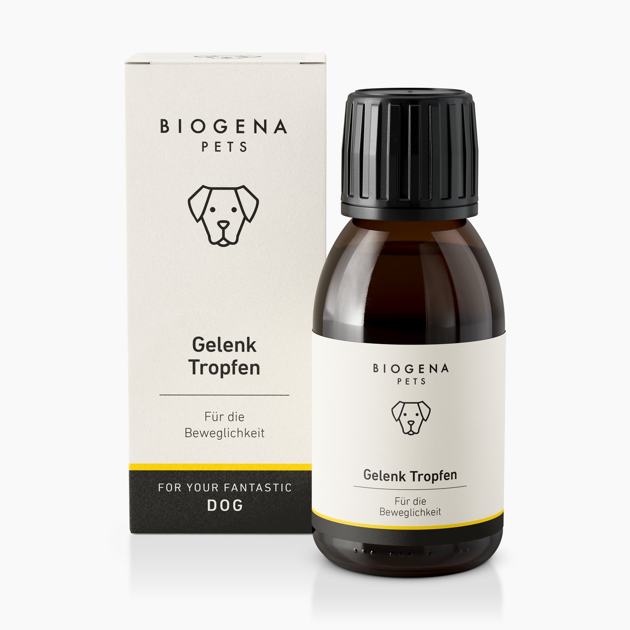 Biogena Pets Gelenk Tropfen, Faltschachtel und Flasche, Hundesymbol, schwarzer Hintergrund