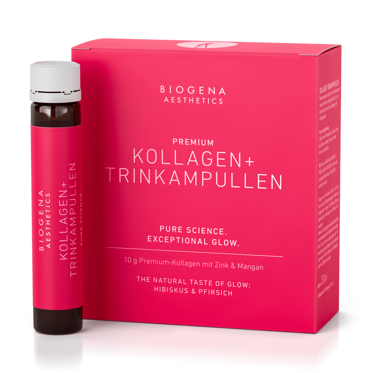 Biogena Aesthetics, PREMIUM KOLLAGEN+ TRINKAMPULLEN, Sticlă, magenta, ȘTIINȚĂ PURĂ. STRĂLUCIRE EXCEPȚIONALĂ.