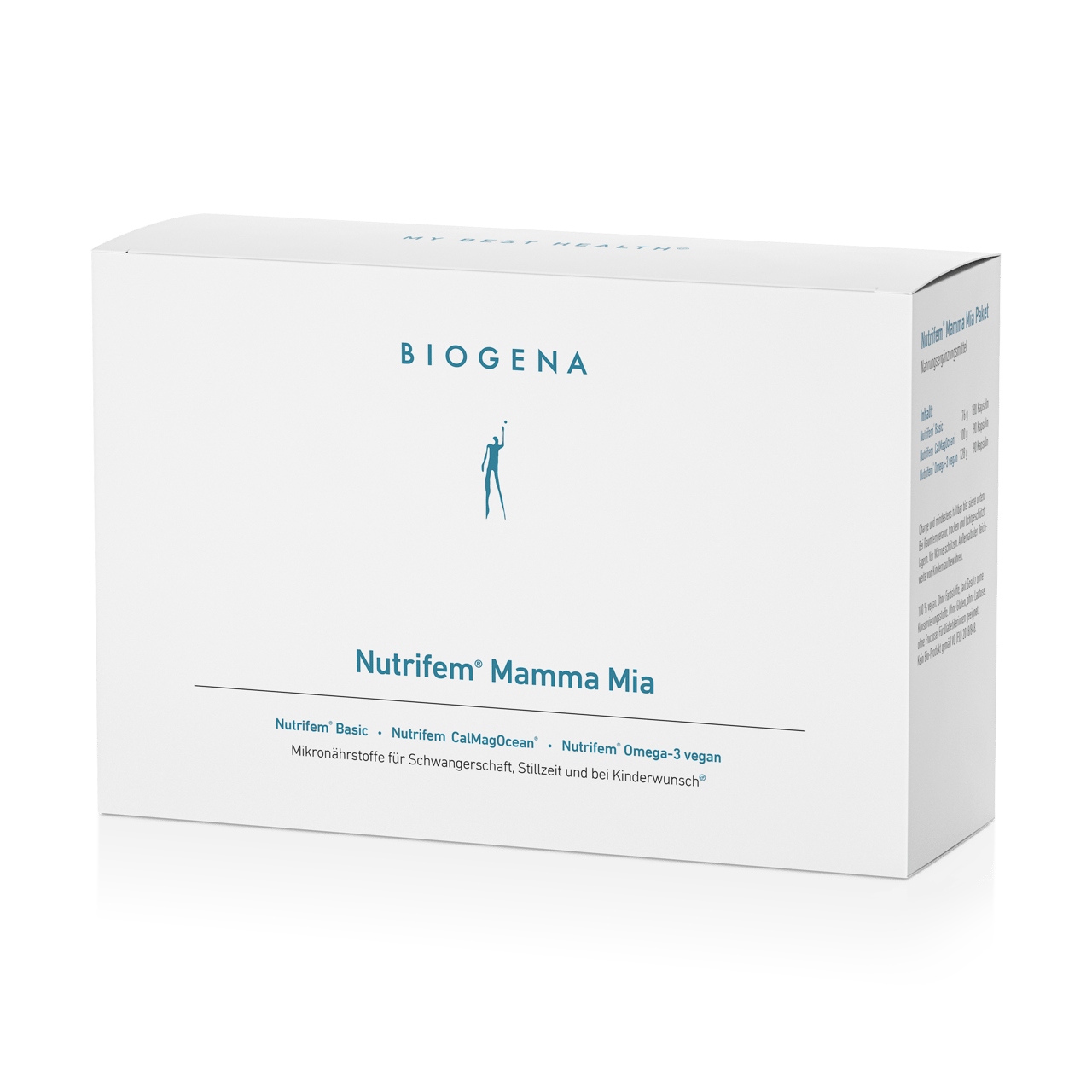 Biogena, Nutrifem® Mamma Mia, Cutie, alb, Nutrifem® Basic · Nutrifem CalMagOcean® · Nutrifem® Omega-3 vegan Micronutrienți pentru sarcină, alăptare și când îți dorești un copil®