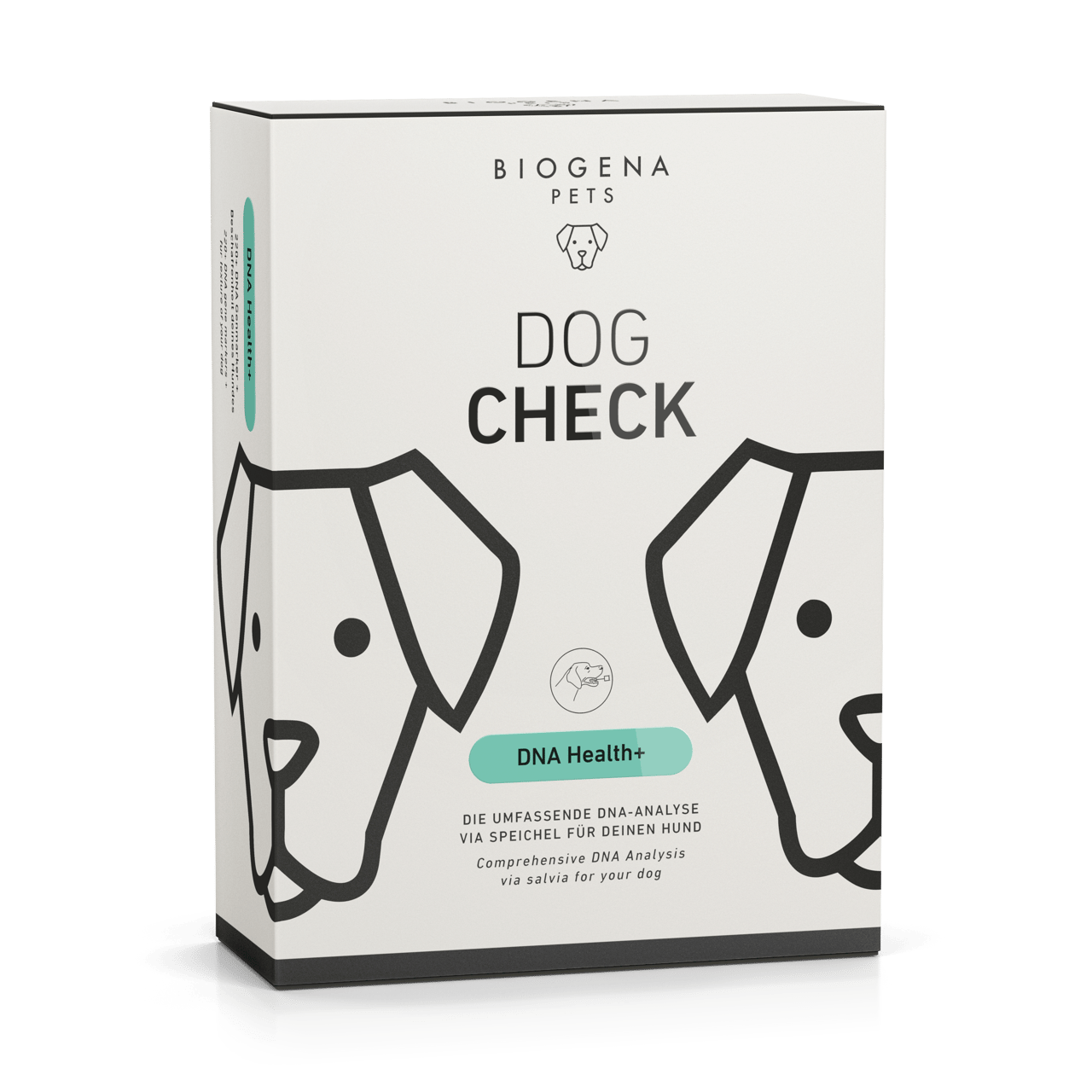 BIOGENA PETS Dog Check Dna Health+ Verpackung mit Hund Icon auf beigem Hintergrund