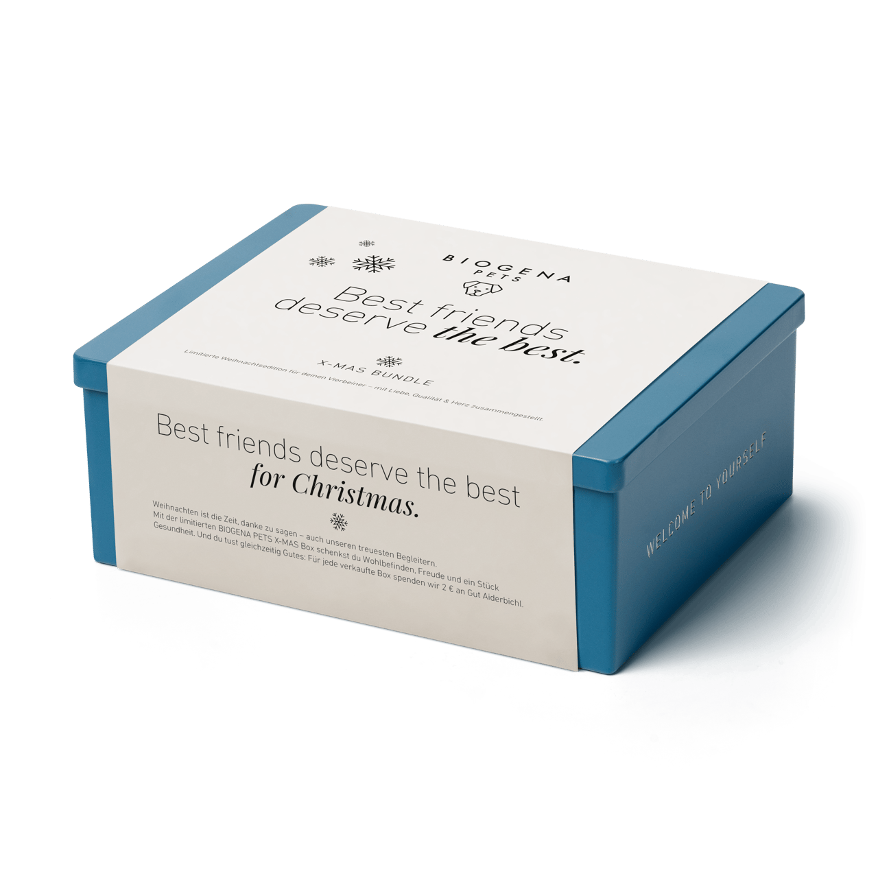 PETS Xmas Geschenkbox in blau mit Aufdruck "Best friends deserve the best" auf der Banderole.
