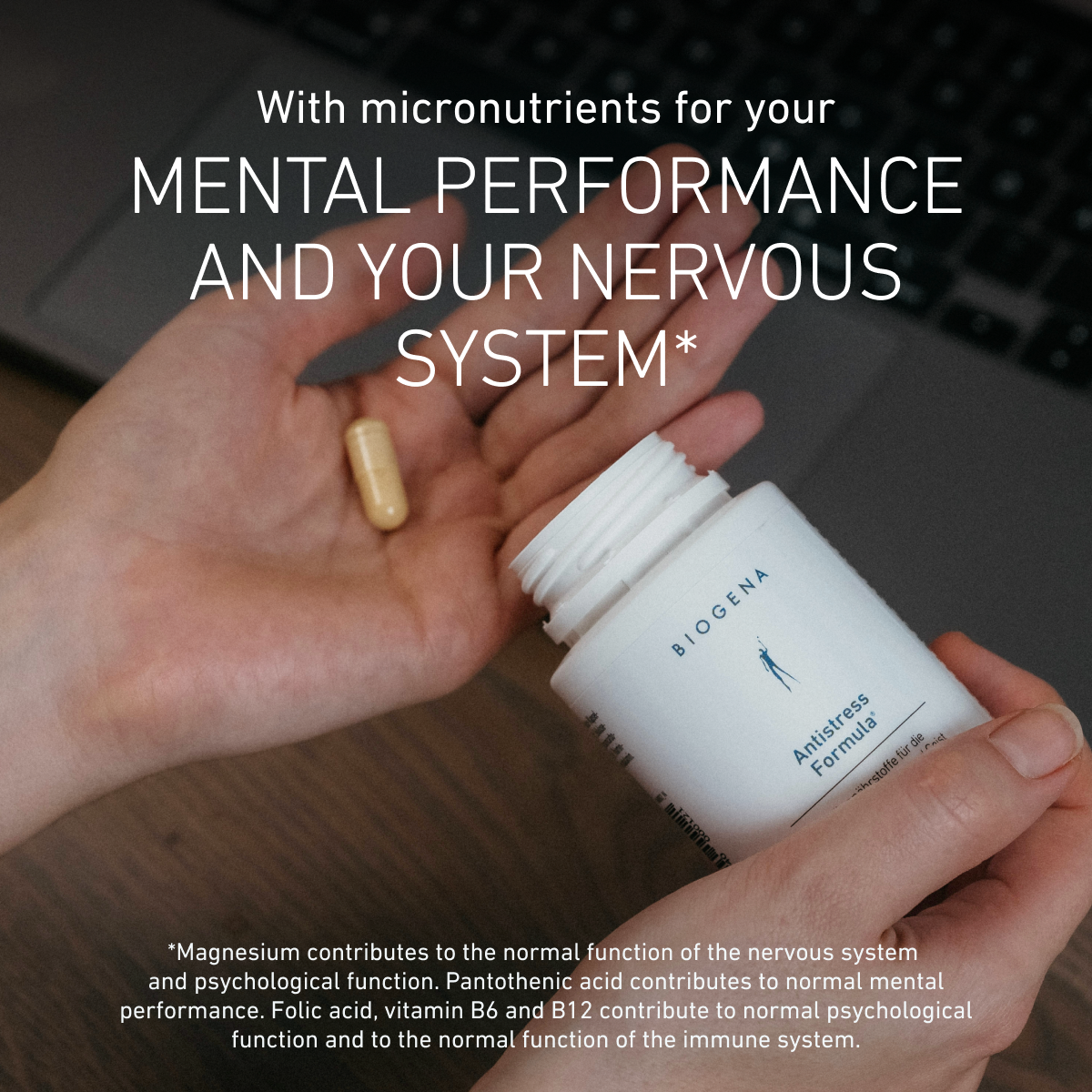 Hand holding an open Biogena Antistress Formula bottle with a capsule in the other hand, text describing support from magnesium, pantothenic acid, folic acid, vitamin B6 and B12 for nerves, mental health, cognitive perfo