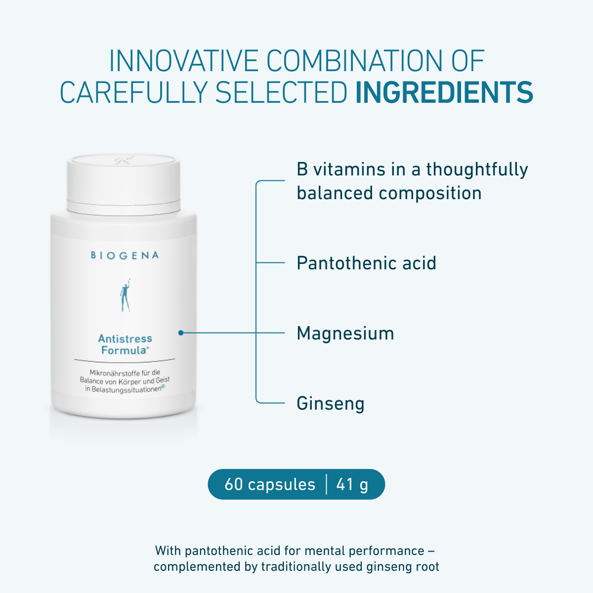 Biogena Antistress Formula® in a white bottle, displaying ingredients: B vitamins, pantothenic acid, magnesium, and ginseng for supporting nerves, mental health, and cognitive performance, 60 capsules, 41 g.