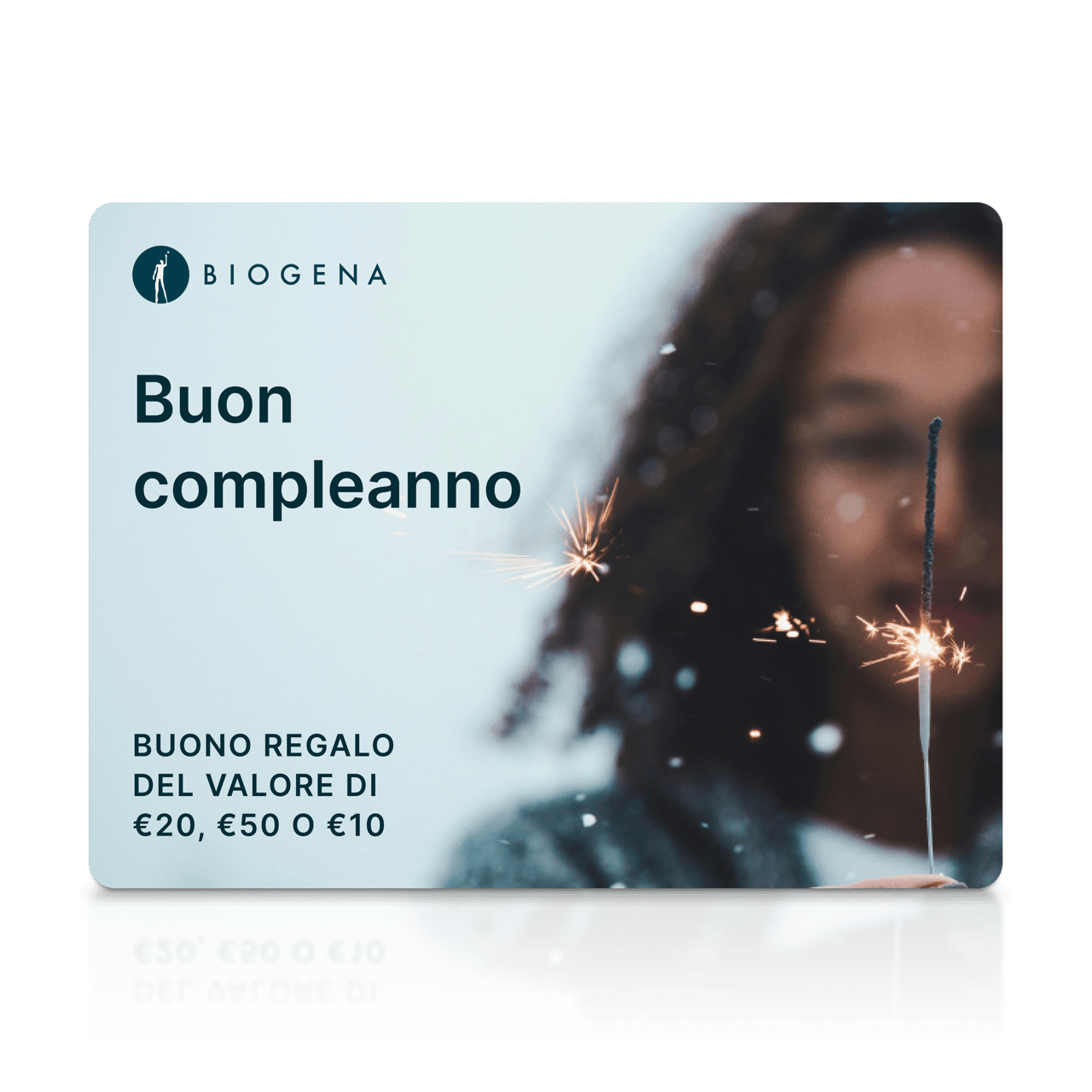 Gift card BIOGENA, testo, persona sfocata, stellina, scintille
