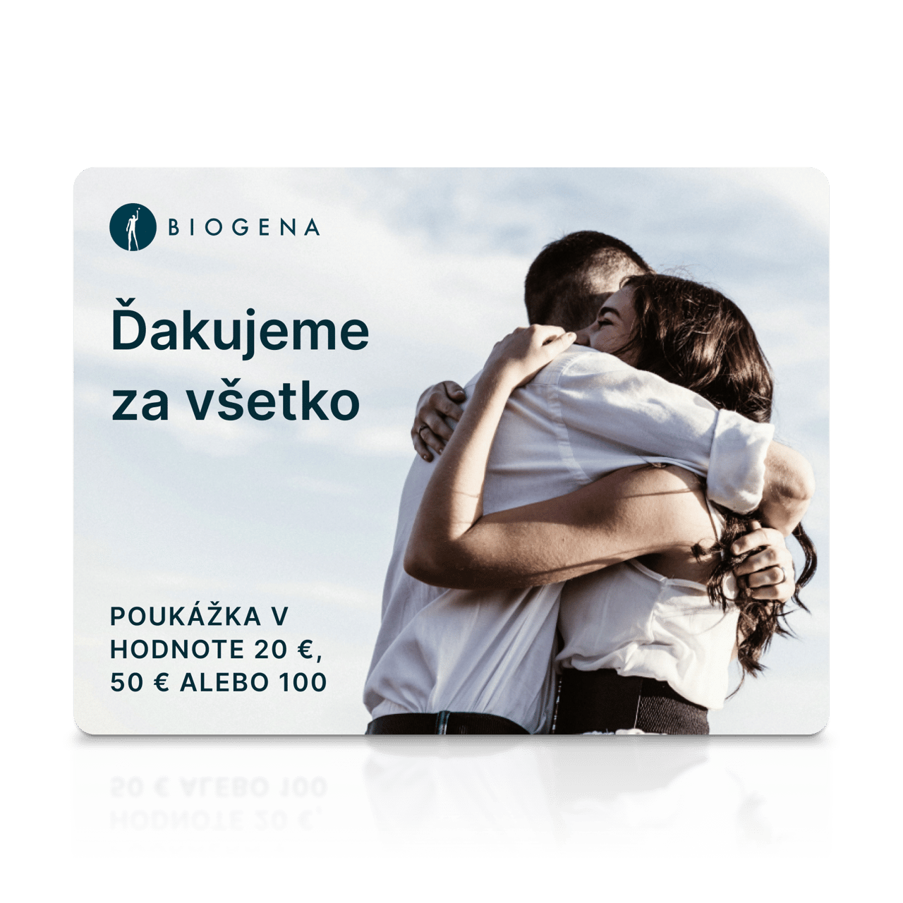 Darčeková karta BIOGENA, text Ďakujeme za všetko, objímajúci sa pár, obloha, odraz