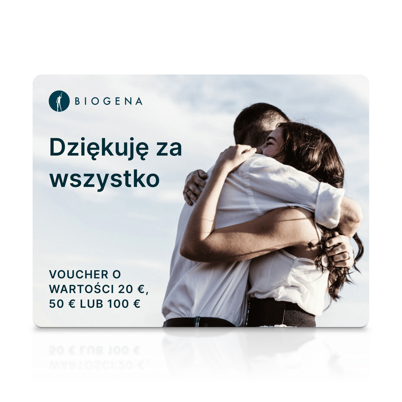 Karta podarunkowa BIOGENA, tekst Ďakujeme za všetko, obejmująca się para, niebo, odbicie