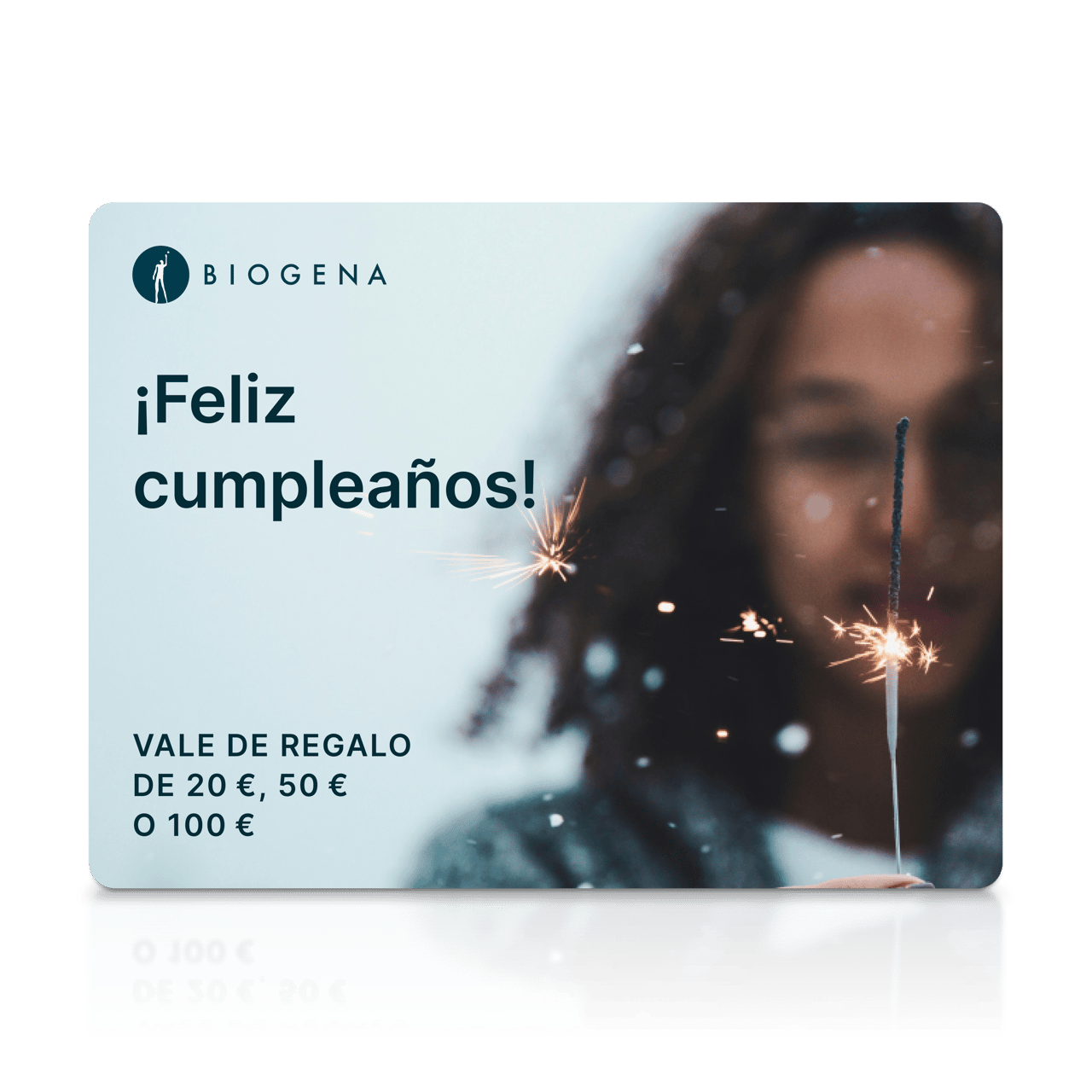 Tarjeta regalo BIOGENA, texto, persona desenfocada, bengala, chispas