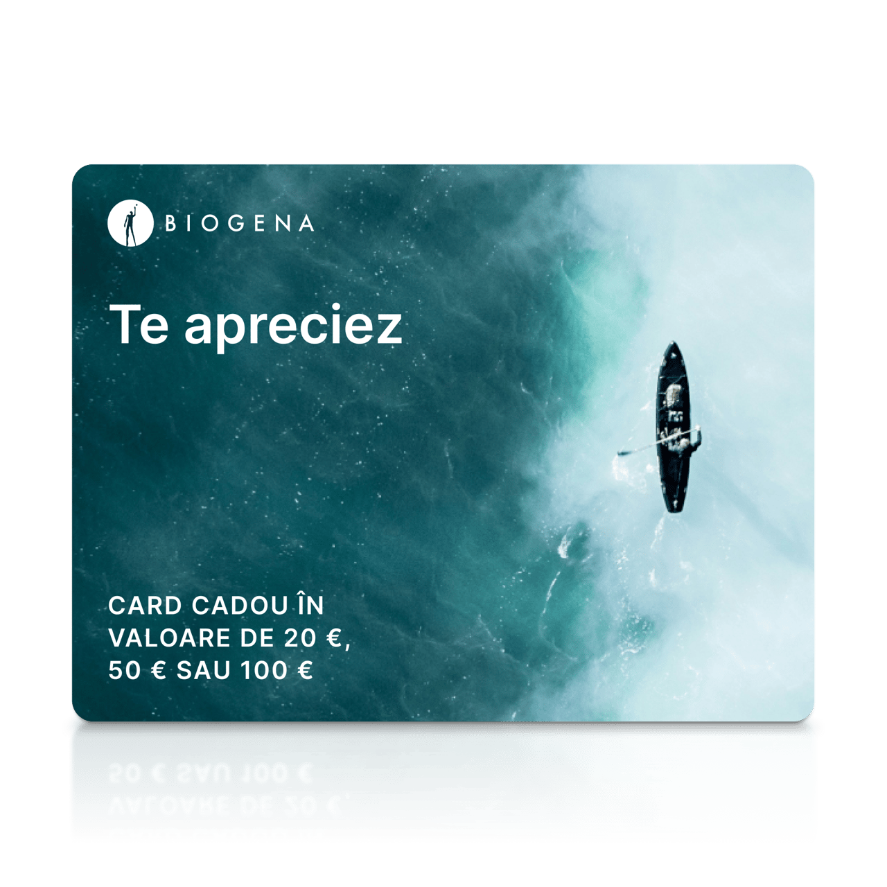 Card cadou BIOGENA, card, text, suprafață de apă, caiac cu vâslă