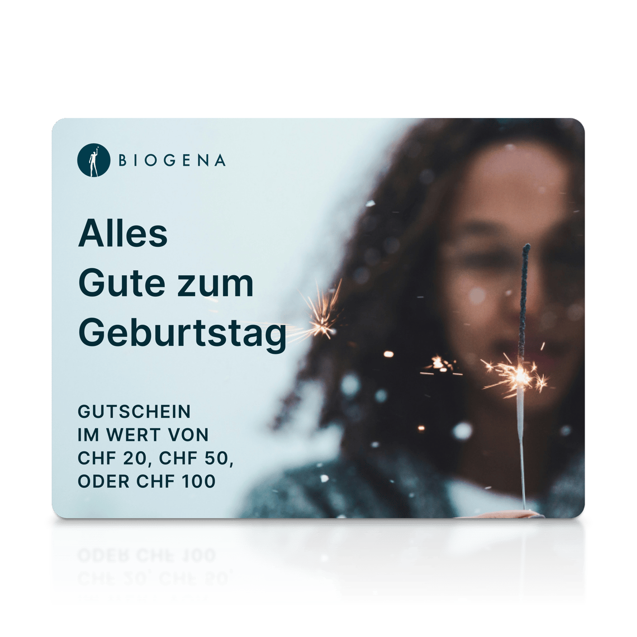 BIOGENA Buon compleanno Gutscheinkarte, unscharfe Person, Wunderkerze, Funken