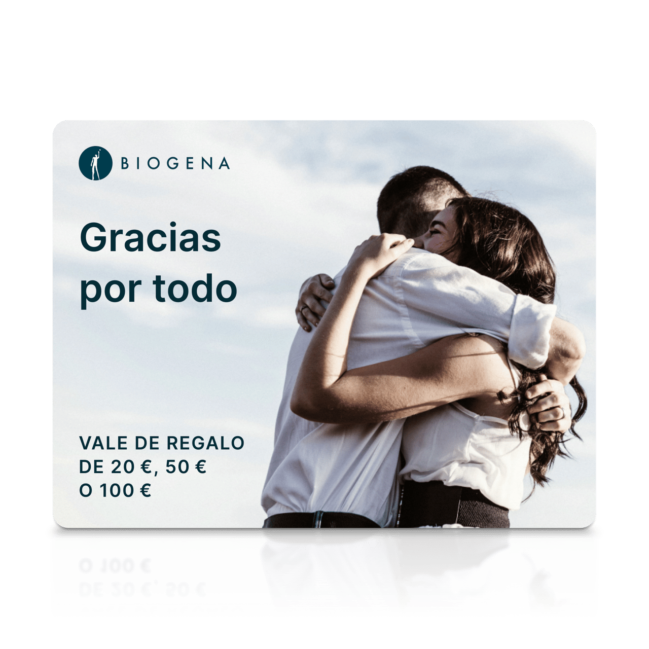 Tarjeta regalo BIOGENA, texto Äakujeme za vÅ”etko, pareja abrazĆ”ndose, cielo, reflejo