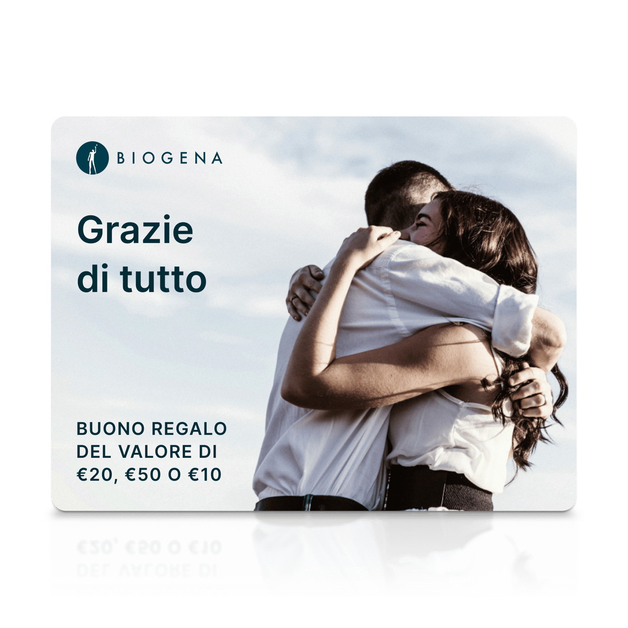 Carta regalo BIOGENA, testo Ďakujeme za všetko, coppia che si abbraccia, cielo, riflesso