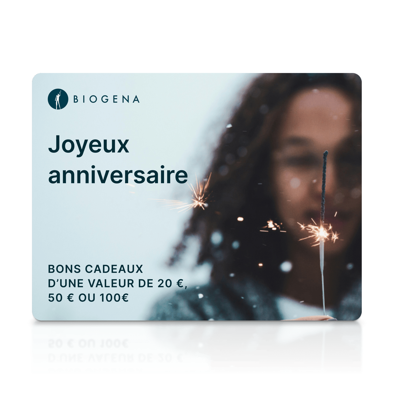 Carte-cadeau BIOGENA, texte, personne floue, cierge magique, étincelles