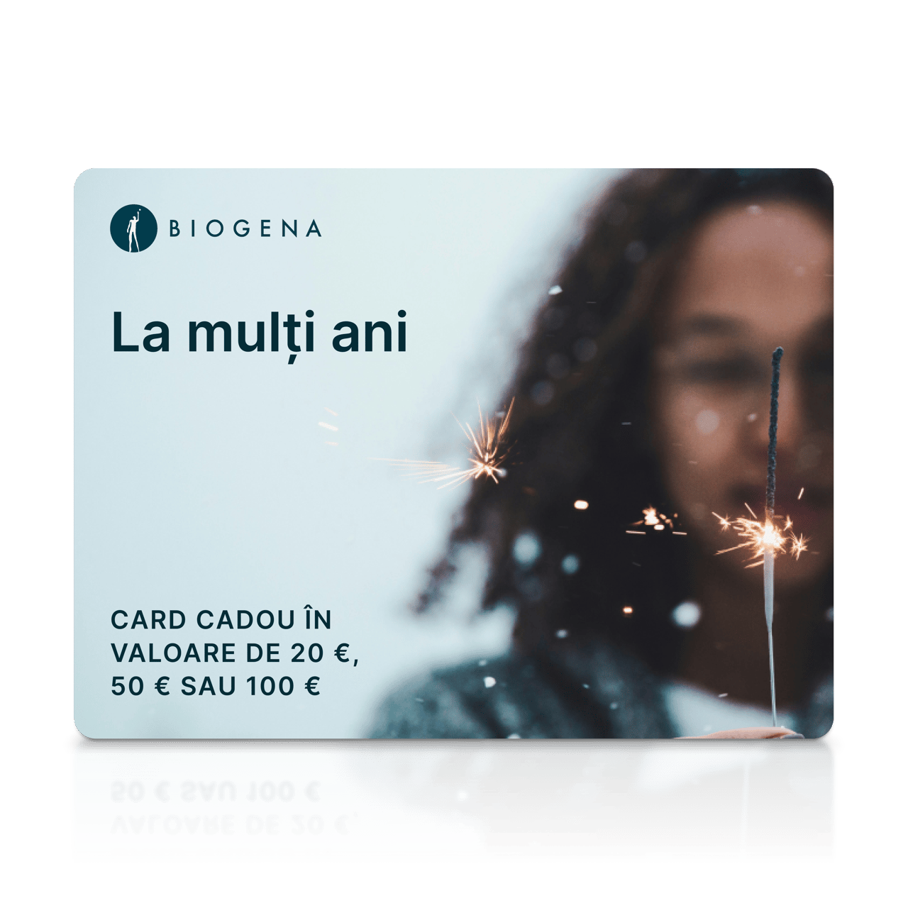 Card cadou BIOGENA, text, persoană neclară, artificiu de mână, scântei
