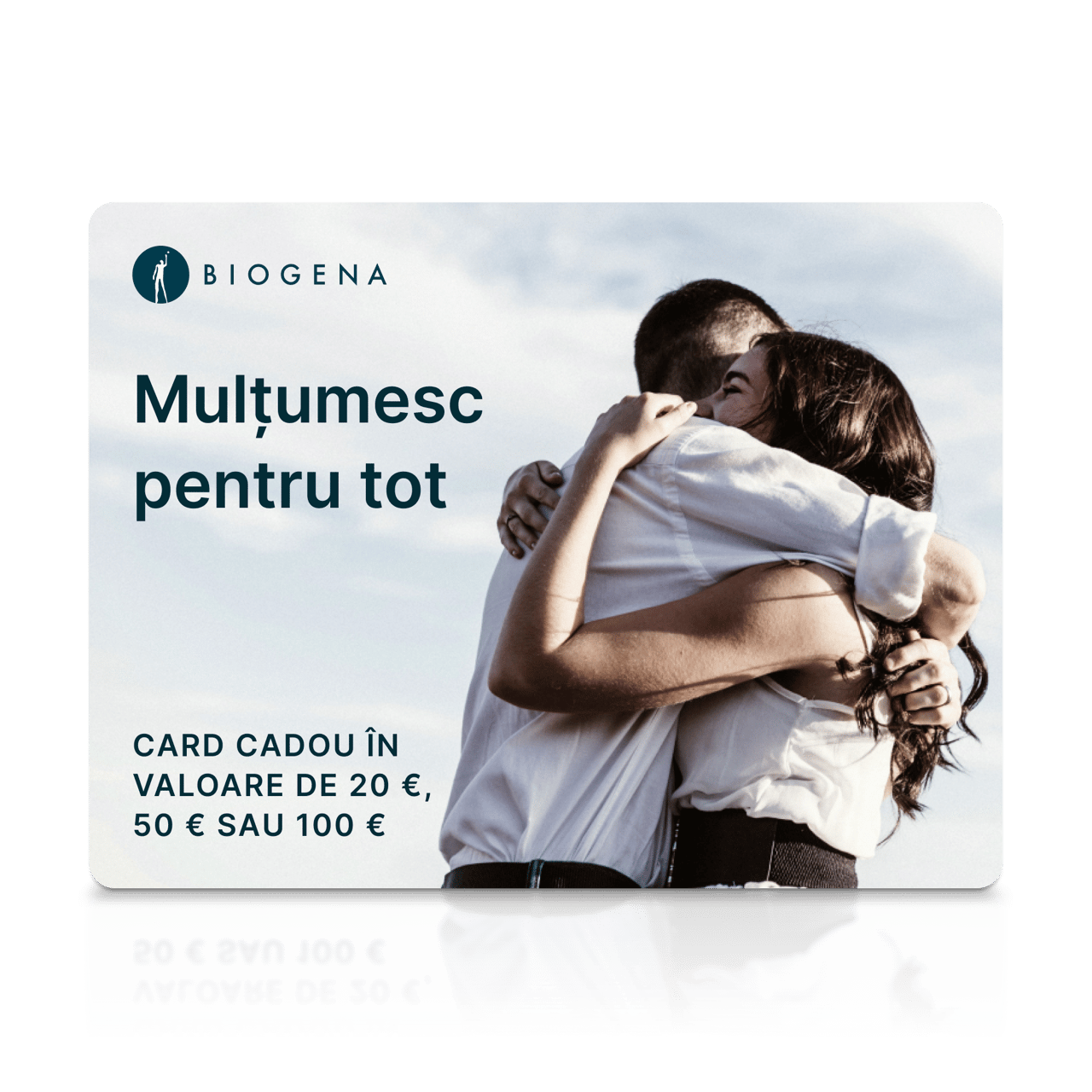 Card cadou BIOGENA, text Ďakujeme za všetko, cuplu îmbrățișat, cer, reflexie