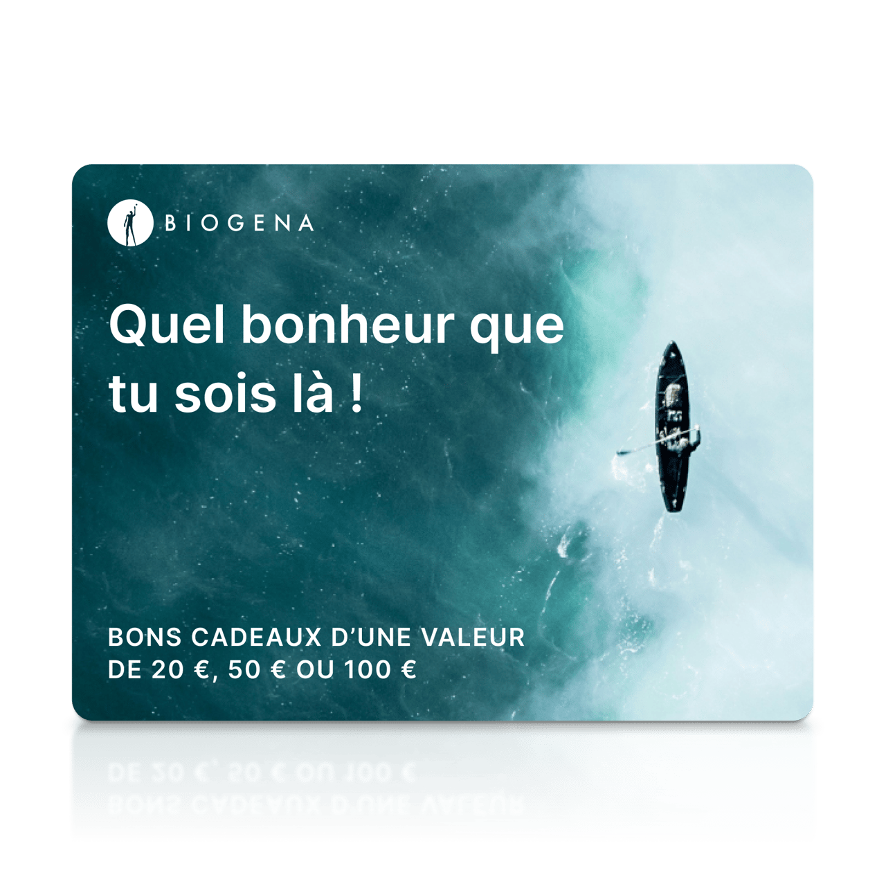 Carte-cadeau BIOGENA, carte, texte, surface d’eau, kayak avec pagaie