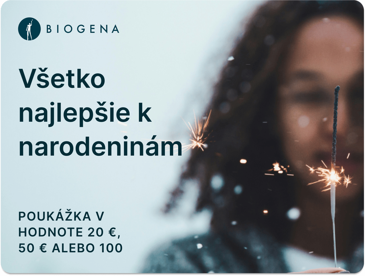 Darčeková poukážka BIOGENA, text, rozmazaná osoba, prskavka, iskry