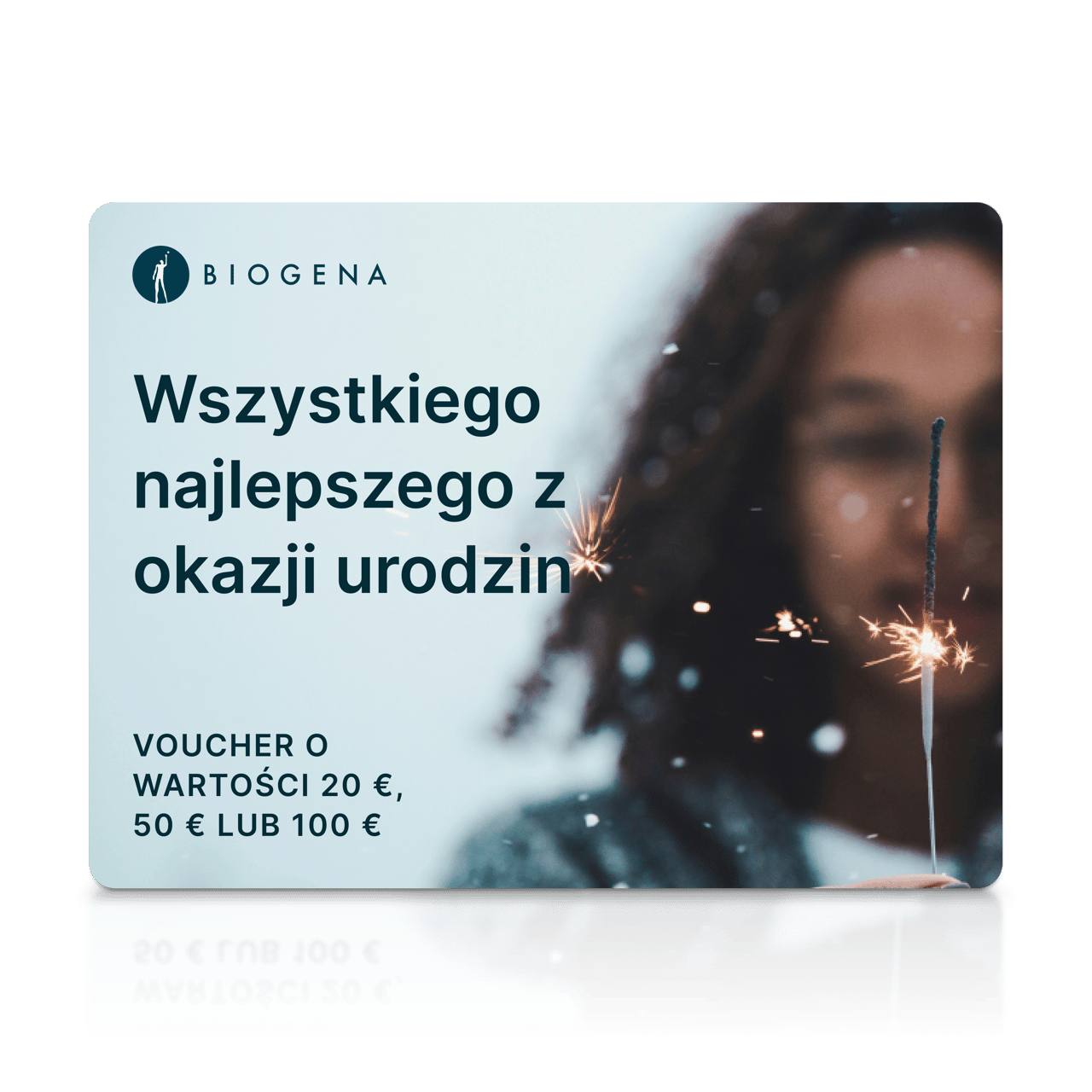 Karta podarunkowa BIOGENA, tekst, rozmyta osoba, zimne ognie, iskry