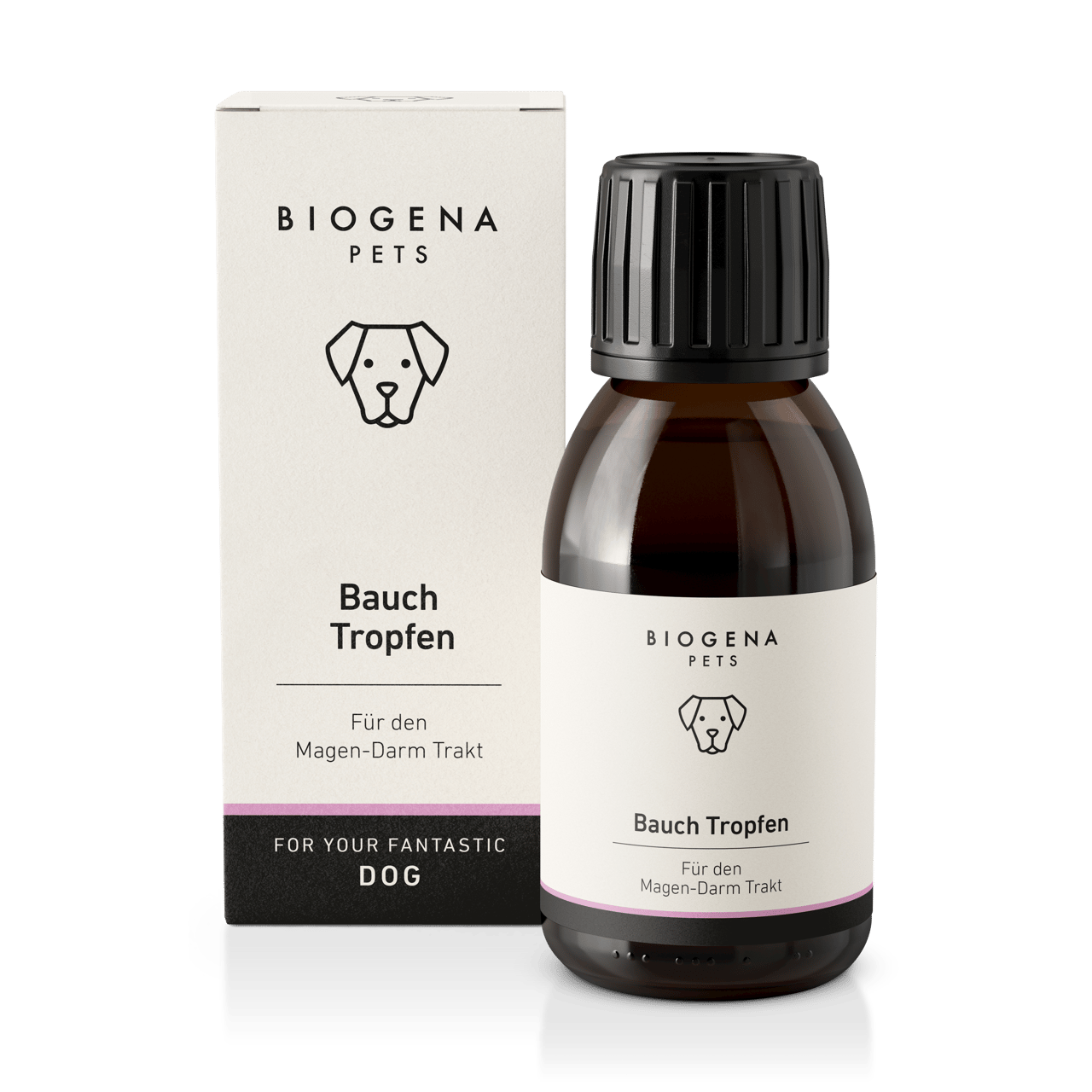 BIOGENA PETS Bauch Tropfen – Produktfoto mit Verpackung und Braunglasflasche. Ergänzungsfuttermittel für Hunde zur Unterstützung des Magen-Darm-Trakts.