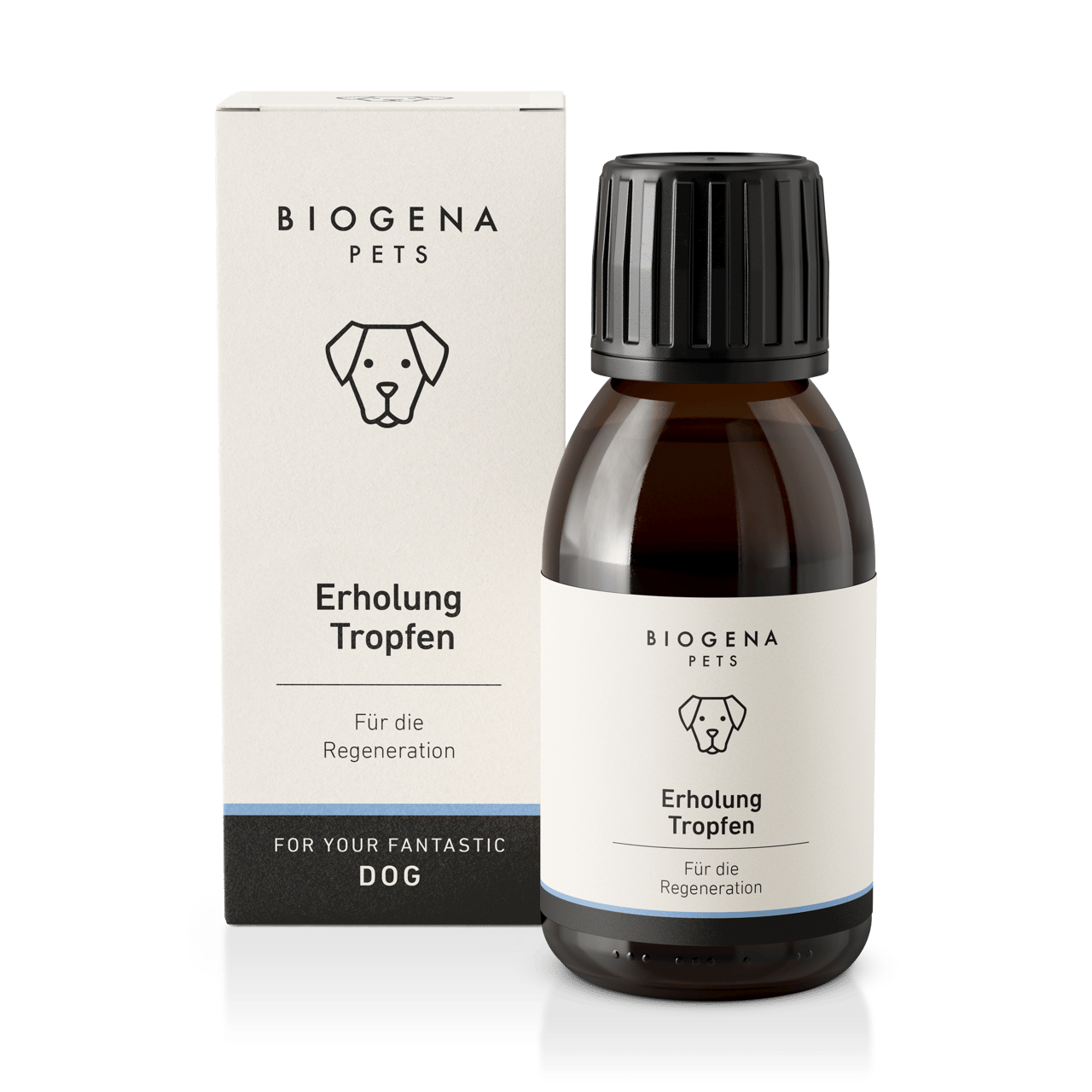 BIOGENA PETS Erholung Tropfen – Produktbild mit Verpackung und Braunglasflasche. Ergänzungsfuttermittel für Hunde zur Unterstützung der Regeneration.