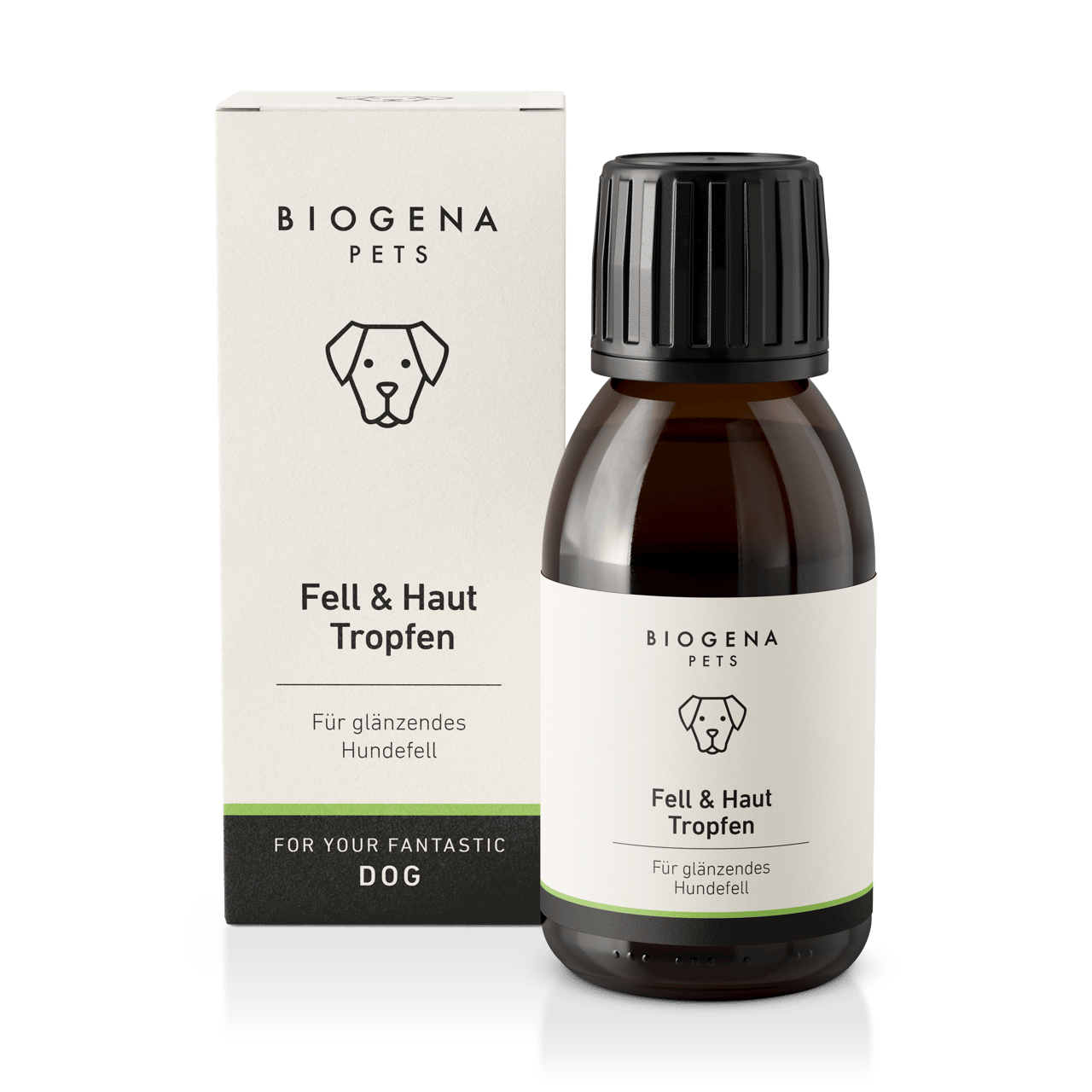 BIOGENA PETS Fell & Haut Tropfen – Produktfoto mit Verpackung und Braunglasflasche. Ergänzungsfuttermittel für Hunde zur Unterstützung von glänzendem Fell und gesunder Haut.
