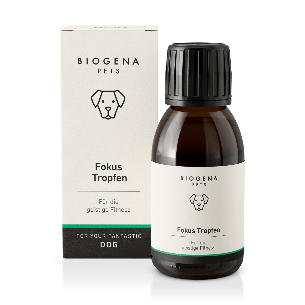 BIOGENA PETS Fokus Tropfen – Produktfoto mit Verpackung und Braunglasflasche. Ergänzungsfuttermittel für Hunde zur Unterstützung der geistigen Fitness und Konzentration.