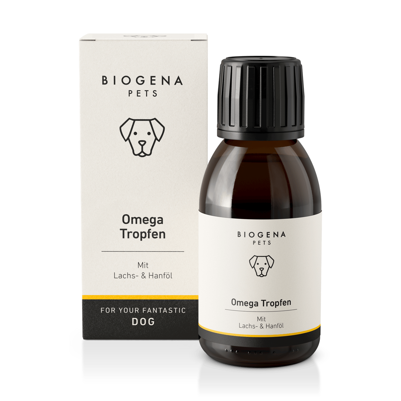 BIOGENA PETS Omega Tropfen – Produktfoto mit Verpackung und Braunglasflasche. Ergänzungsfuttermittel mit Lachs- und Hanföl zur Unterstützung von Haut, Fell und Immunsystem bei Hunden.