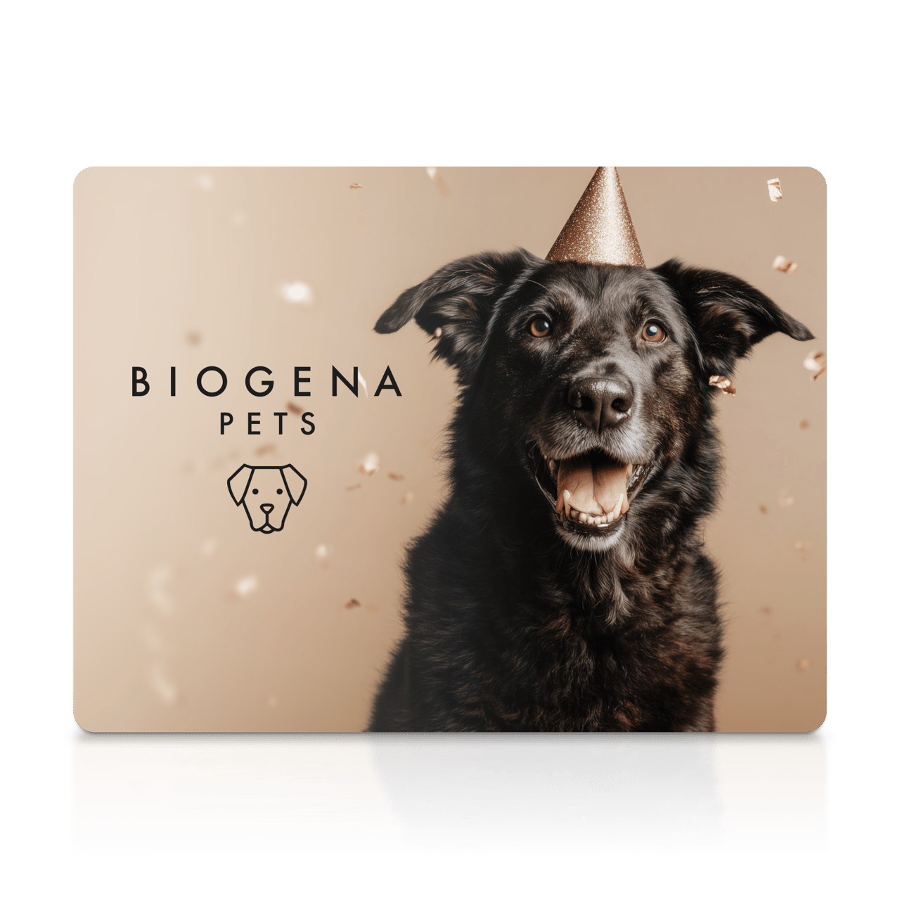 Beige Karte mit Text "BIOGENA PETS". Rechts ein fröhlicher schwarzer Hund mit Partyhut vor beigem Hintergrund und fliegendem Konfetti.