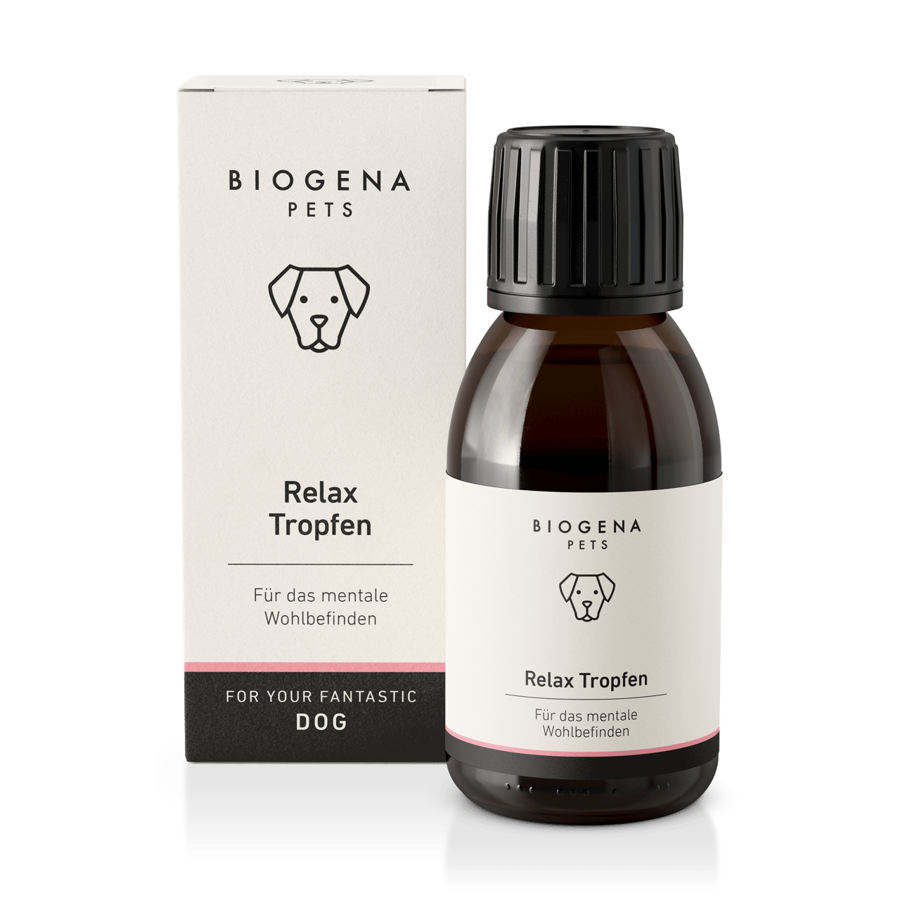 BIOGENA PETS Relax Tropfen – Produktfoto mit Verpackung und Braunglasflasche. Ergänzungsfuttermittel für Hunde zur Unterstützung des mentalen Wohlbefindens und zur Beruhigung.