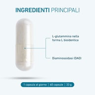 Viene presentata una capsula con gli ingredienti di alta qualità di BIOGENA DaoZym® Vegan. Il testo mette in evidenza la L-glutammina in una forma altamente biodisponibile e l'enzima diamino ossidasi (DAO).