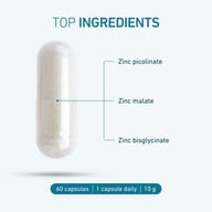 White Biogena DreiSalz® Zinc 9 mg capsule. Ingredients: zinc picolinate, zinc malate, zinc bisglycinate.