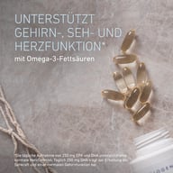 Mehrere Omega-3-Kapseln liegen neben einer geöffneten BIOGENA Dose auf einer Steinoberfläche. Der Text beschreibt die Unterstützung von Gehirn-, Seh- und Herzfunktion durch Omega-3-Fettsäuren mit EPA und DHA.
