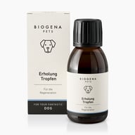 BIOGENA PETS Erholung Tropfen, Faltschachtel und Braunglasflasche, schwarzer Deckel, schwarzer Hintergrund