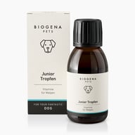 BIOGENA PETS Junior Tropfen Faltschachtel und Flasche, Hundesymbol, schwarzer Hintergrund