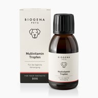 Biogena Pets Multivitamin Tropfen, Faltschachtel, Flasche, Deckel, schwarzer Hintergrund