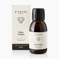 BIOGENA PETS Relax Tropfen, Faltschachtel, braune Flasche, schwarzer Hintergrund