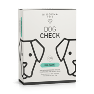 BIOGENA PETS Dog Check Dna Health+ Verpackung mit Hund Icon auf beigem Hintergrund