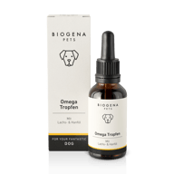 BIOGENA PETS Omega Tropfen mit Lachs- & Hanföl in brauner Glasflasche mit Pipette und weißer Verpackung mit schwarzer Schrift und Hundesymbol